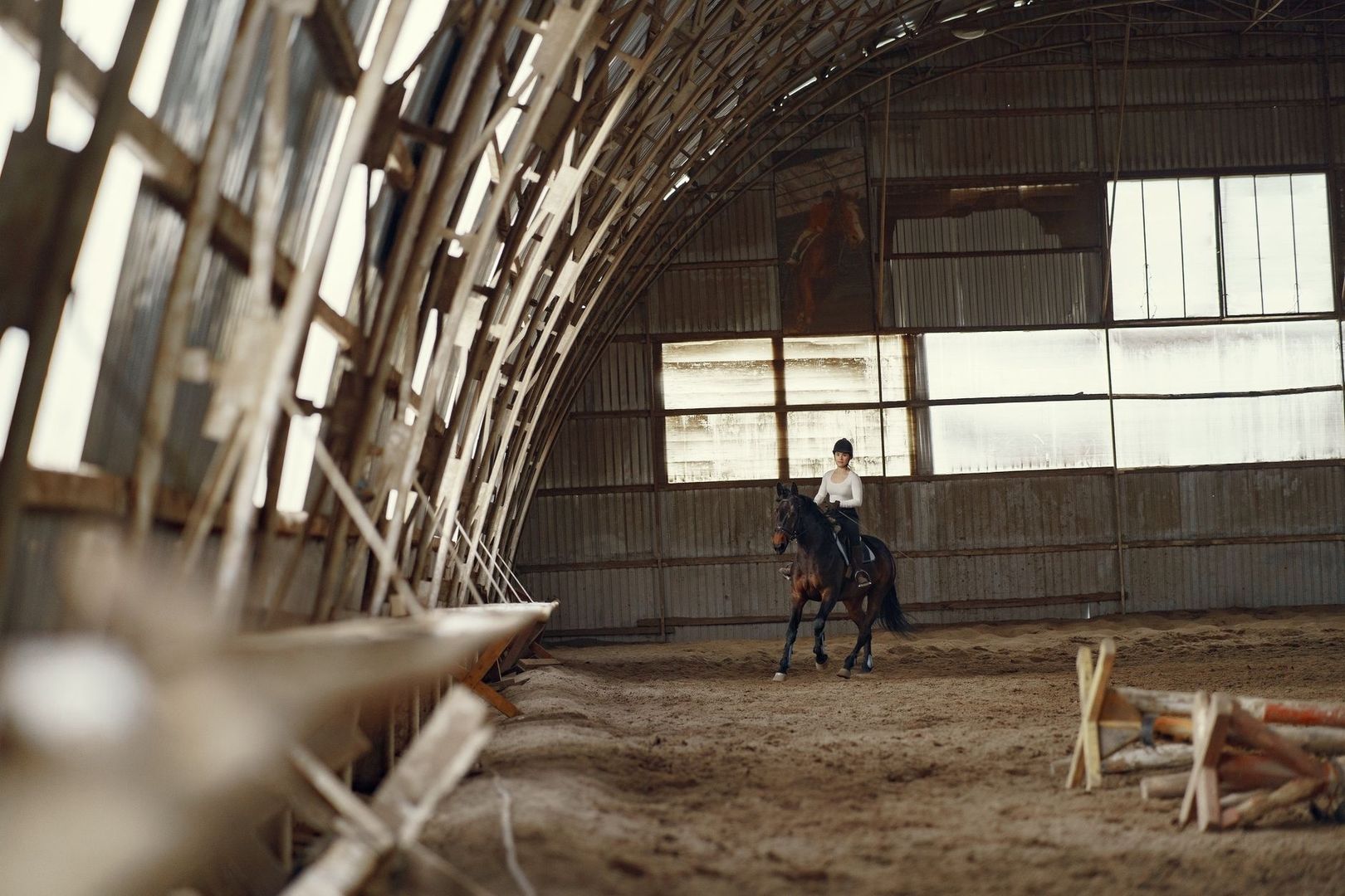 Cavalière à cheval dans un manège couvert, attentive aux signaux du cheval